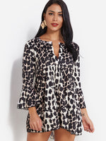 Wholesale V-Neck Leopard 3/4 Length Sleeve Flounced Hem Dresses