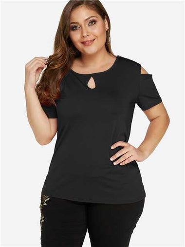 Wholesale Round Neck Cold Shoulder Plain Cut Out Short Sleeve Plus Size Tops
