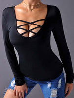 Wholesale Deep V Neck Plain Lace-Up Cut Out Long Sleeve Black T-Shirts
