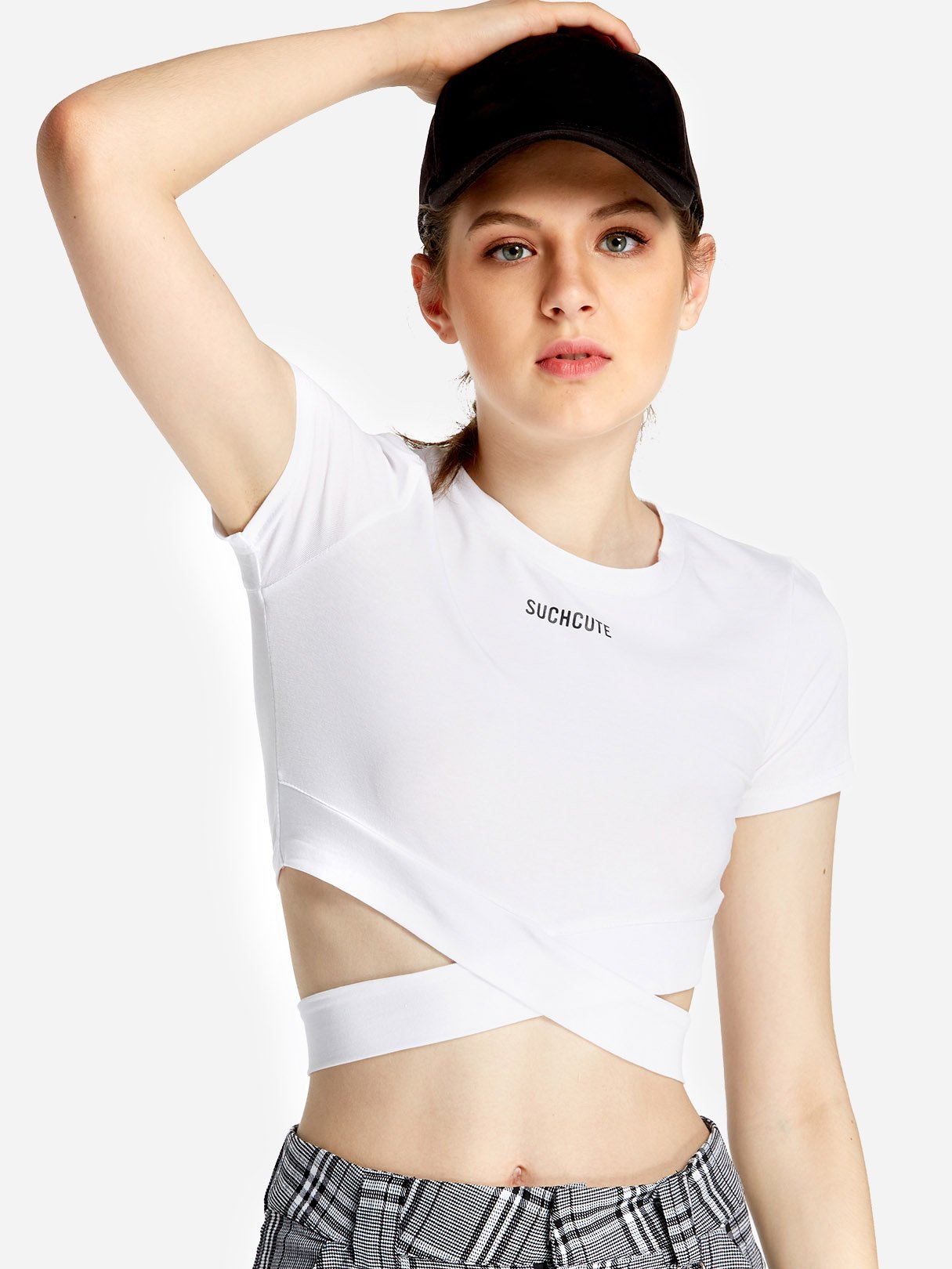 Wholesale Round Neck Letter Printed Crossed Front Short Sleeve White T-Shirts