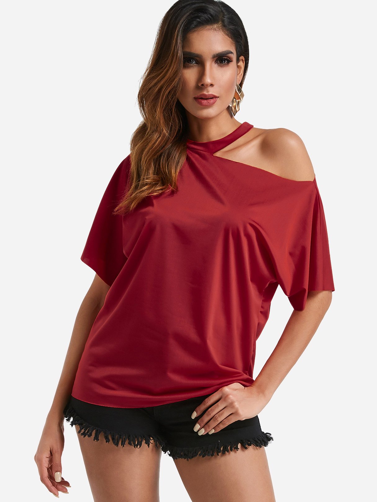 Wholesale One Shoulder Cut Out Short Sleeve Red Top
