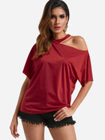 Wholesale One Shoulder Cut Out Short Sleeve Red Top