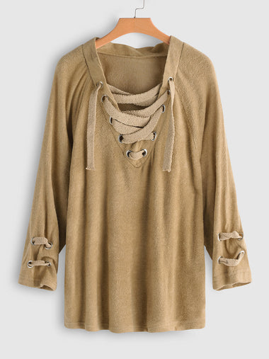 Wholesale V-Neck Plain Criss-Cross Long Sleeve Plus Size Tops