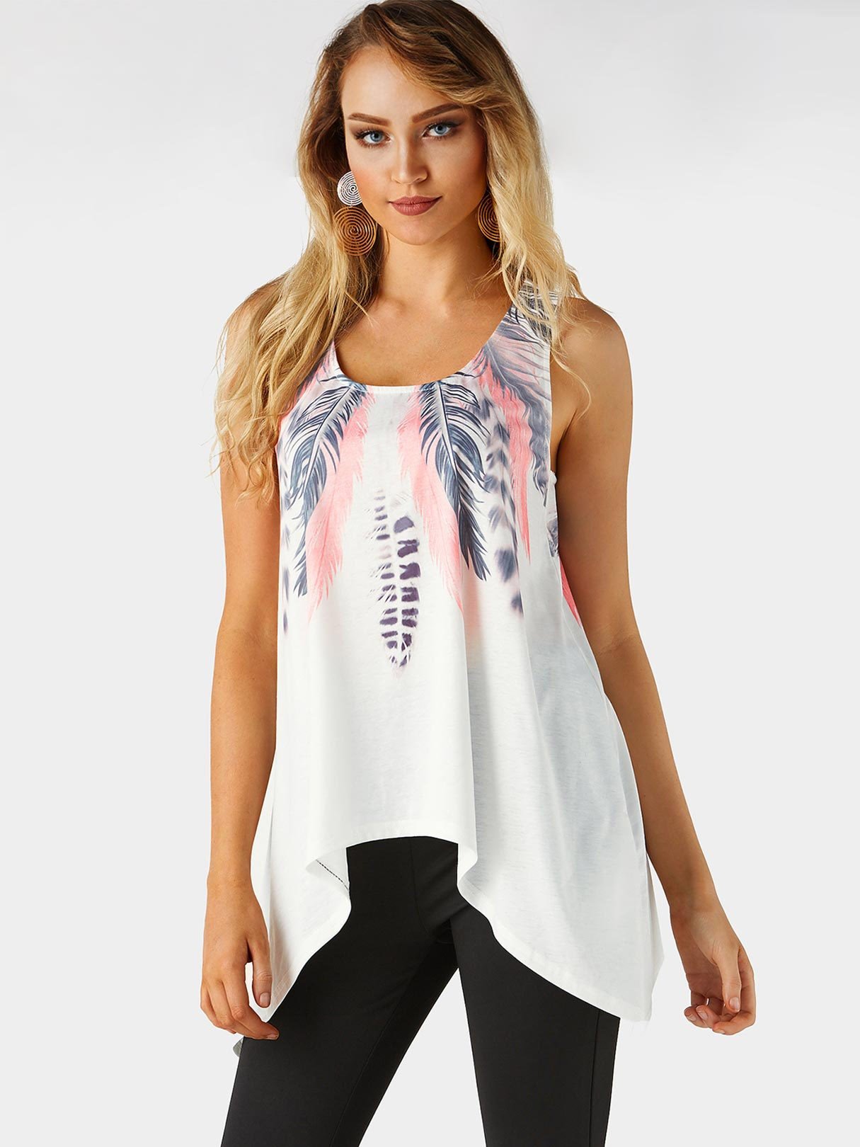 Wholesale Round Neck Floral Print Sleeveless White Tank Top