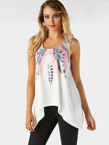 Wholesale Round Neck Floral Print Sleeveless White Tank Top