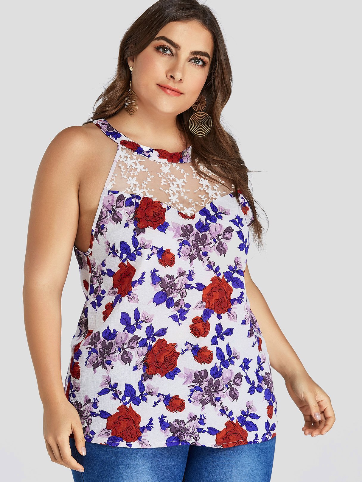 Wholesale Halter Floral Print See Through Sleeveless Plus Size Tops