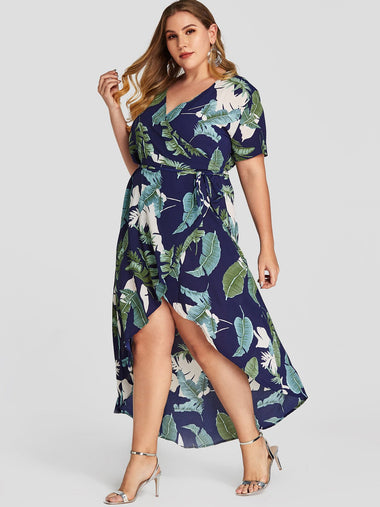 Wholesale V-Neck Wrap Short Sleeve Asymmetrical Hem Navy Plus Size Dress