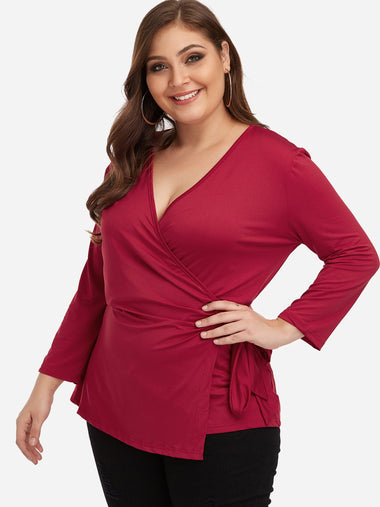Wholesale V-Neck Plain Self-Tie Wrap Long Sleeve Red Plus Size Tops