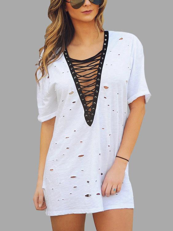 Wholesale V-Neck Short Sleeve Random Ripped Lace-Up Mini Dress
