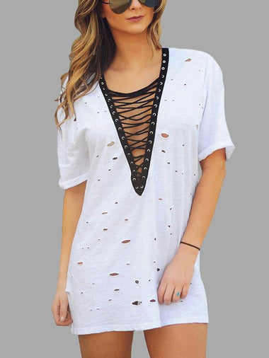 Wholesale V-Neck Short Sleeve Random Ripped Lace-Up Mini Dress