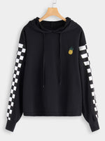 Wholesale Grid Embroidered Hooded Long Sleeve Black Plus Size Tops