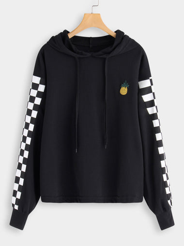 Wholesale Grid Embroidered Hooded Long Sleeve Black Plus Size Tops