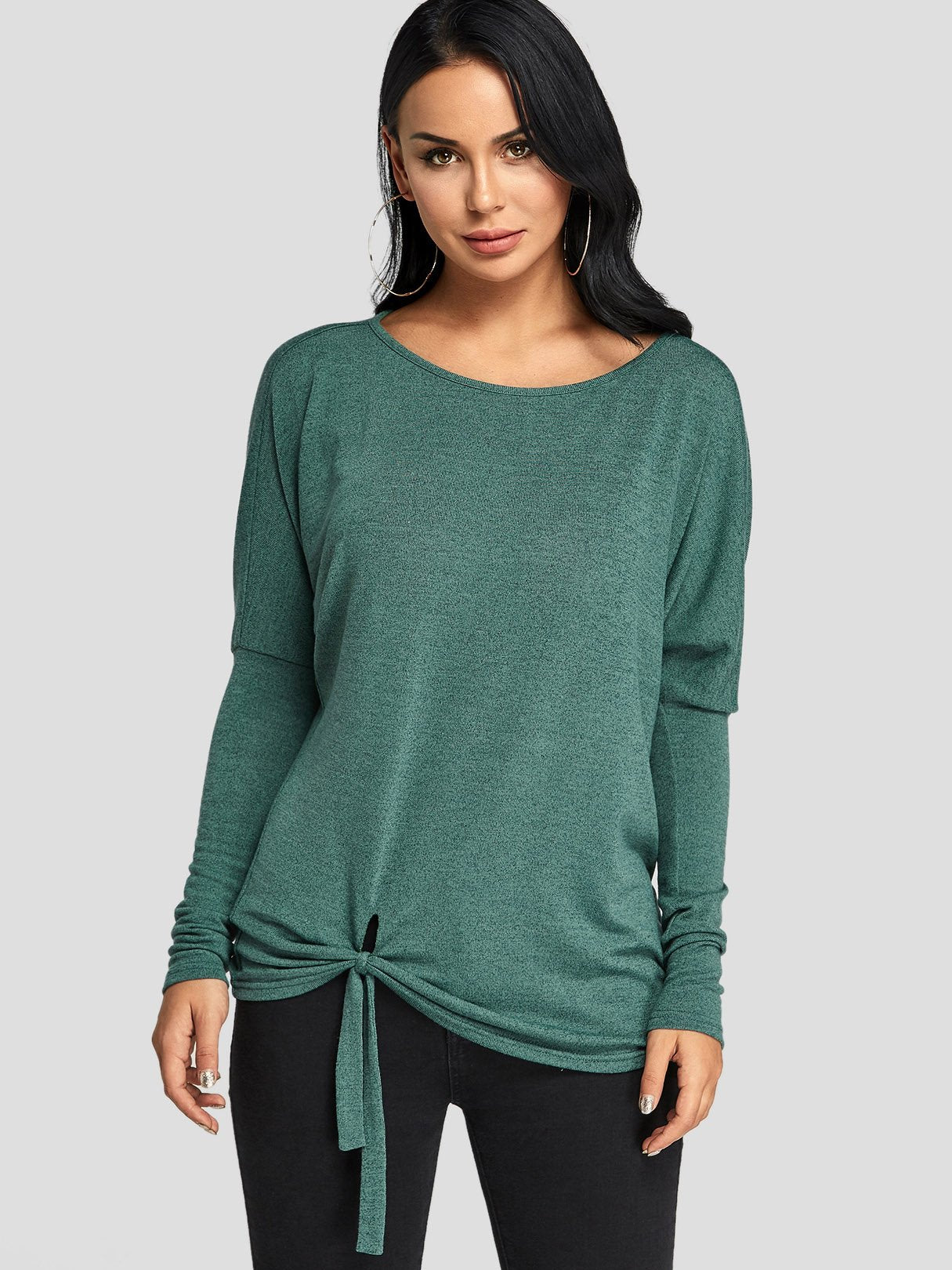 Wholesale Round Neck Self-Tie Long Sleeve Green Top