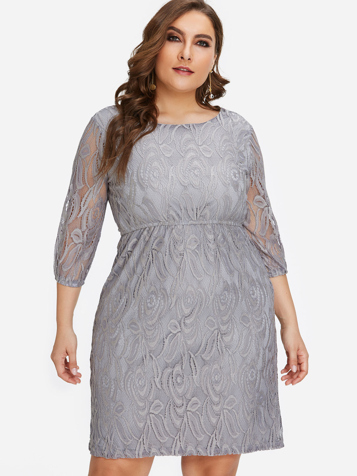 Wholesale Round Neck Plain Lace Cut Out 3/4 Sleeve Grey Plus Size Dress