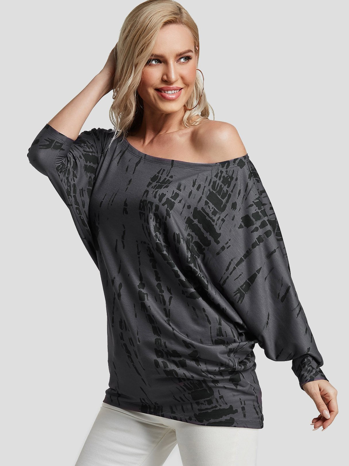 Wholesale One Shoulder Printed 3/4 Sleeve Dark Grey T-Shirts