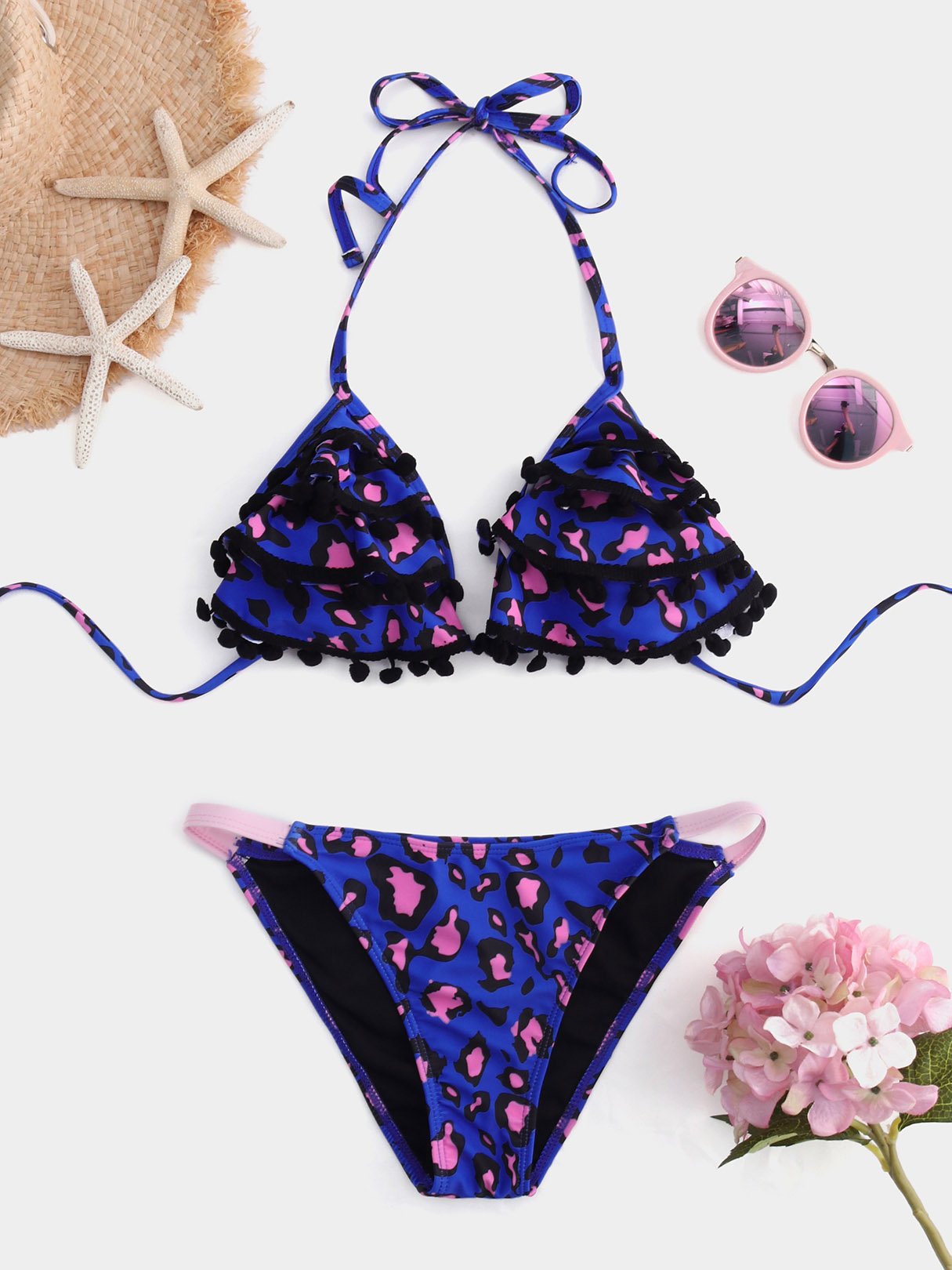 Wholesale Blue Strapless Deep V Neck Sleeveless Floral Print Wireless Ruffle Hem Bikinis