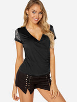 Wholesale V-Neck Plain Lace Crossed Front Short Sleeve T-Shirts