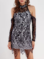 Wholesale Black Halter Cold Shoulder Long Sleeve Lace Sexy Dresses