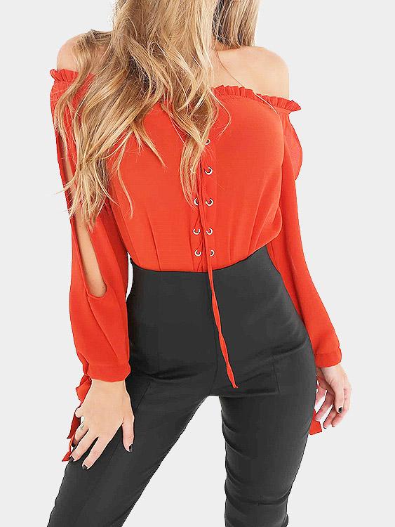 Wholesale Off The Shoulder Lace-Up Long Sleeve Red Top