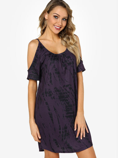 Wholesale Purple Round Neck Cold Shoulder Short Sleeve Floral Print Casual Dresses