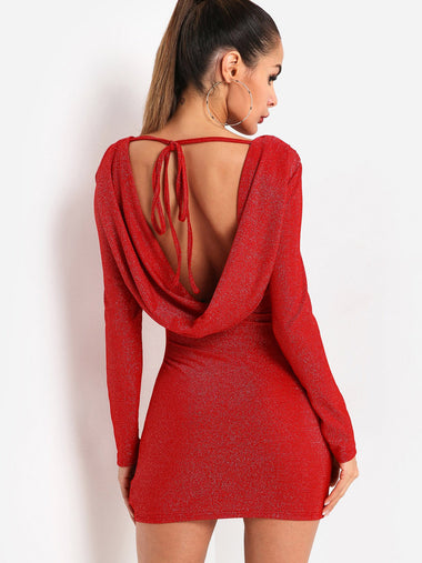 Wholesale Red Round Neck Long Sleeve Backless Sequins Embellished Bodycon Dresses