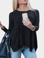 Wholesale Round Neck Pleated Long Sleeve Irregular Hem Black T-Shirts
