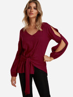 Wholesale V-Neck Plain Slit Self-Tie Long Sleeve Irregular Hem Burgundy Top