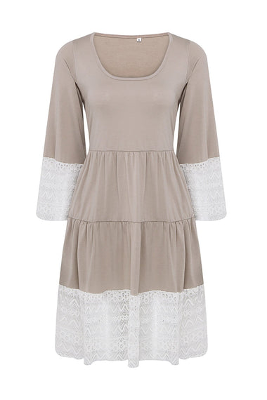 Wholesale Khaki Scoop Neck 3/4 Length Sleeve Lace Casual Dress