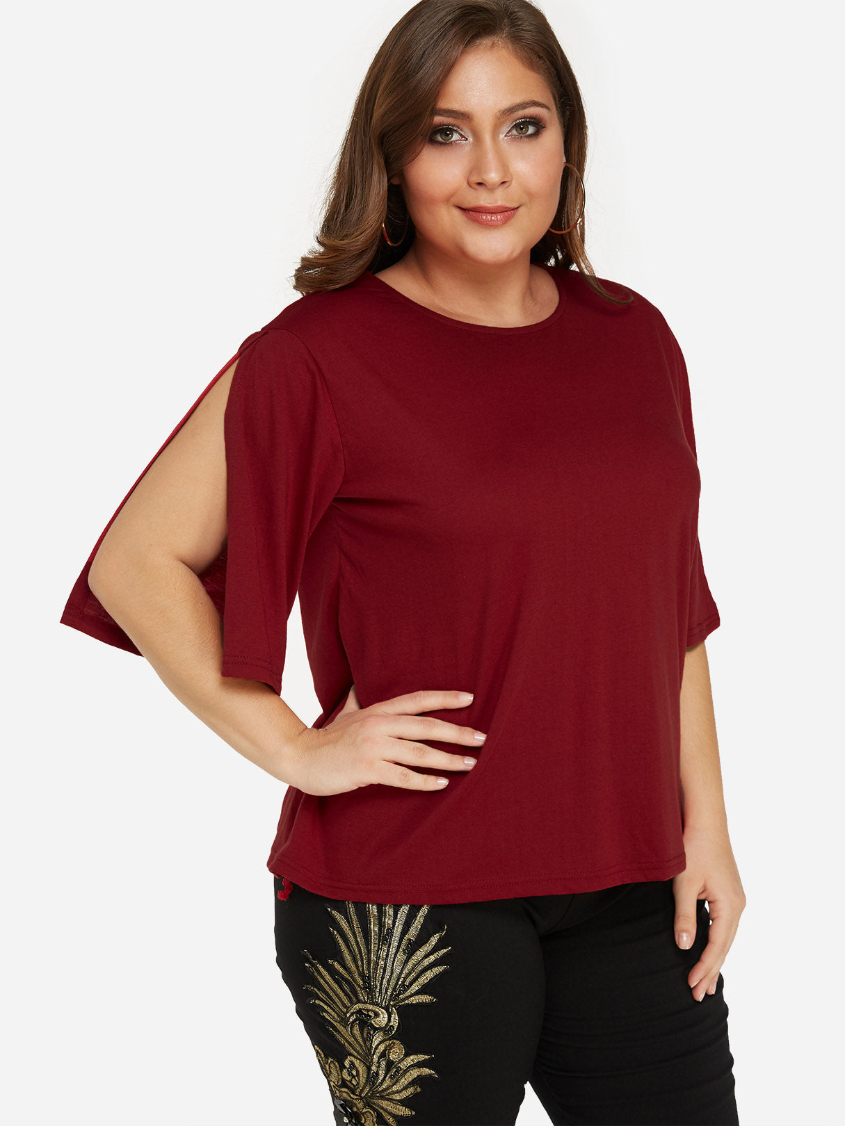 Wholesale Round Neck Plain Half Sleeve Burgundy Plus Size Tops