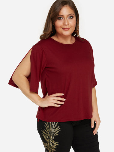 Wholesale Round Neck Plain Half Sleeve Burgundy Plus Size Tops