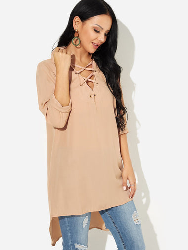 Wholesale V-Neck 3/4 Length Sleeve Plain Lace-Up Irregular Hem Casual Dress