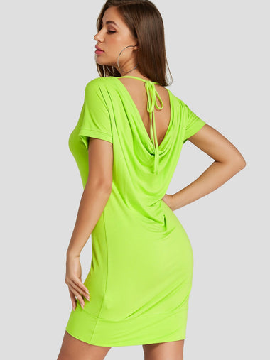 Wholesale Neon Green Roll Neck Short Sleeve Self-Tie Bodycon Mini Dress