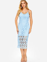 Wholesale Blue V-Neck Sleeveless Lace Zip Back Backless Dresses