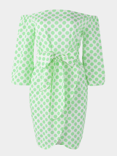 Wholesale Green Off The Shoulder Polka Dot Self-Tie Slit Hem Mini Dress