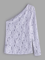 Wholesale Asymmetrical One Shoulder Plain Lace Long Sleeve White T-Shirts