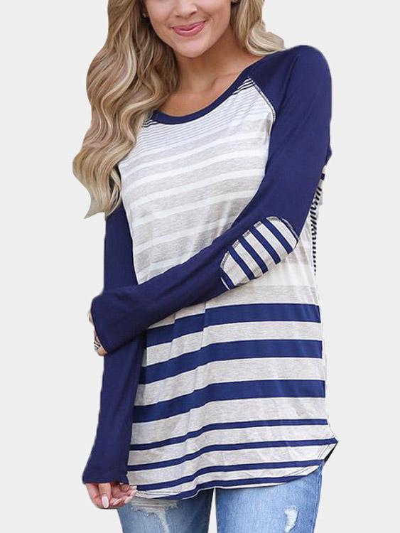 Wholesale Round Neck Stripe Long Sleeve Curved Hem Blue T-Shirts