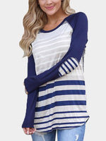 Wholesale Round Neck Stripe Long Sleeve Curved Hem Blue T-Shirts
