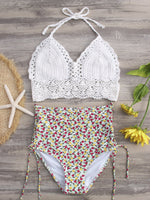 Wholesale Halter V-Neck Sleeveless Crochet Lace Embellished Lace-Up Tie-Up Bikini Set