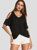 Wholesale Cold Shoulder Zebra Crossed Front Half Sleeve T-Shirts
