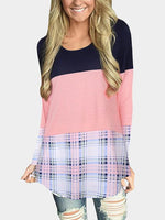 Wholesale Round Neck Grid Lace Long Sleeve Stitching Hem T-Shirts