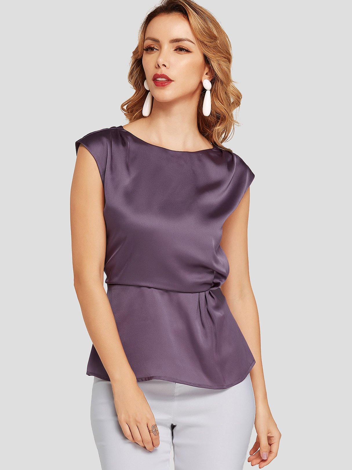 Wholesale Round Neck Plain Zip Back Short Sleeve Purple T-Shirts