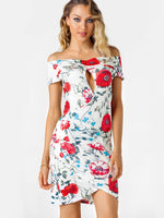 Wholesale Off The Shoulder Short Sleeve Floral Print Crossed Front Backless Cut Out Mini Dress