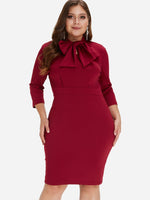 Wholesale Plain Self-Tie 3/4 Sleeve Burgundy Plus Size Dress