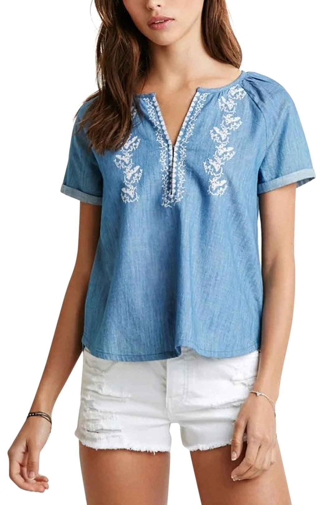 Wholesale Embroidery V Neck Pleated Blue T-Shirt