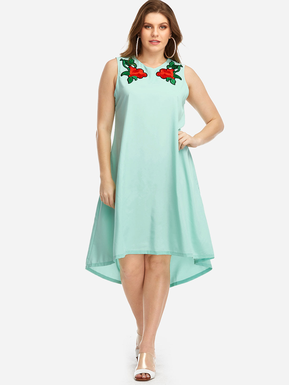 Wholesale V-Neck Embroidered Sleeveless High-Low Hem Plus Size Dresses