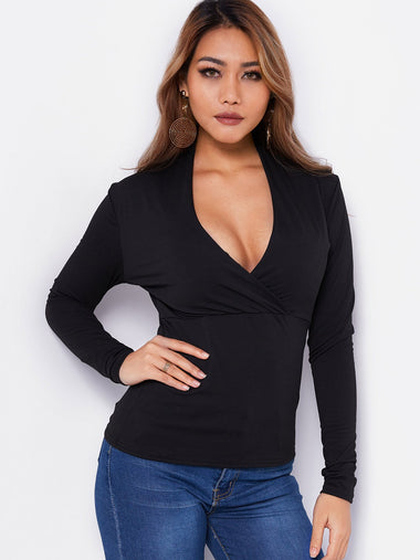 Wholesale V-Neck Crossed Collar Plain Long Sleeve Black T-Shirts
