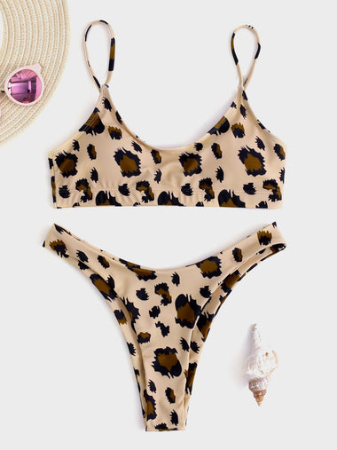 Wholesale V-Neck Leopard Sleeveless High-Waisted Bikini Set