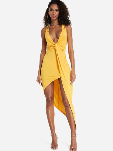 Wholesale Yellow Deep V Neck Sleeveless Plain Backless Spaghetti Strap Irregular Hem Dresses