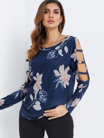 Wholesale Round Neck Floral Print Cut Out Long Sleeve Navy Top