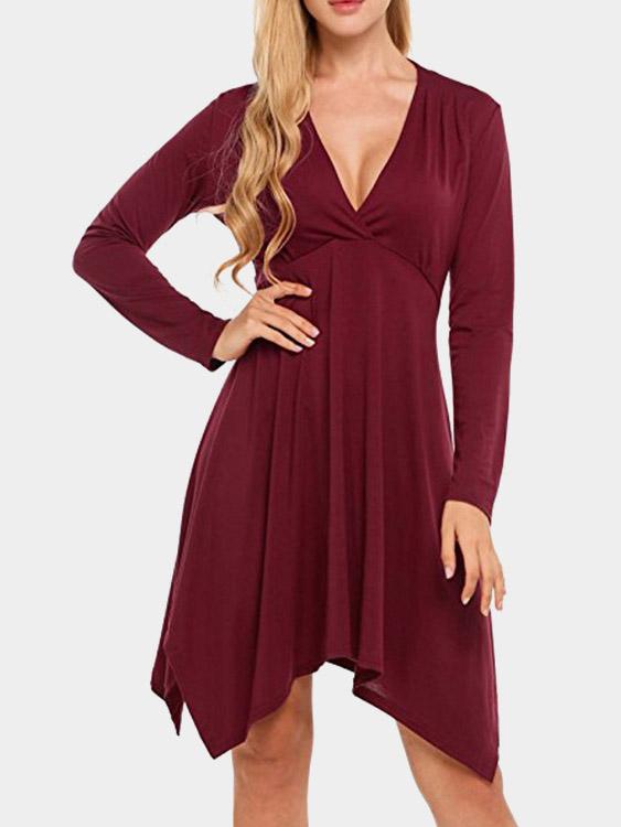Wholesale Deep V-Neck Wrap Long Sleeve Irregular Hem Burgundy Dresses